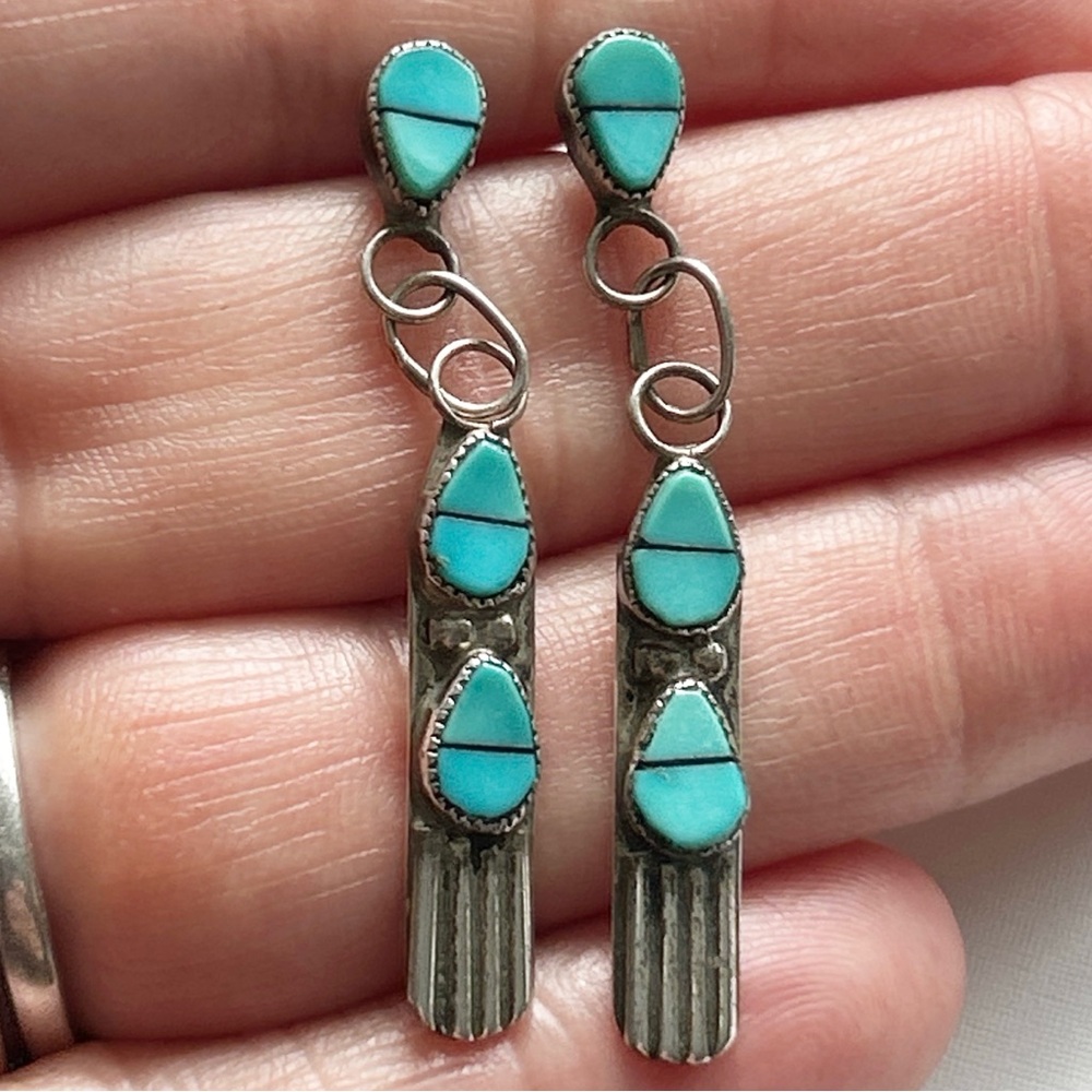 Vintage Southwestern Turquoise Inlay Sterling Silver Triple Teardrop Earrings